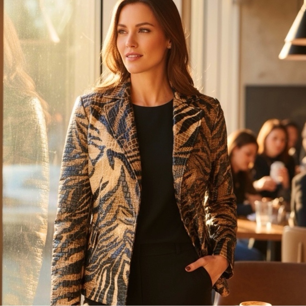 SELENE SPORT BOLD TIGER ANIMAL PRINT LONG SLEEVE BLAZER JACKET VINTAGE SZ 2X
